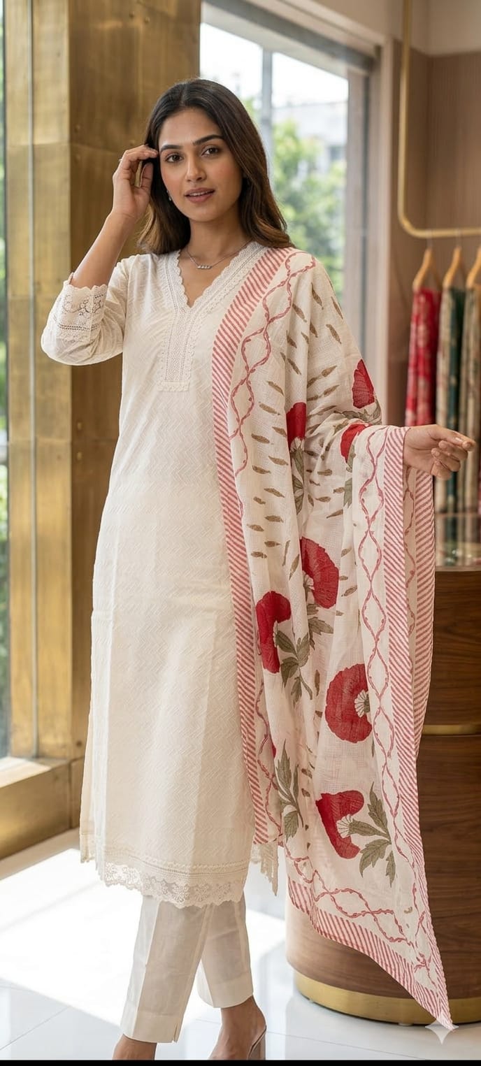 Elegant Straight Graceful Cotton Full Suit Set with Printed Dupatta & Lace Detailing 13913 RB37