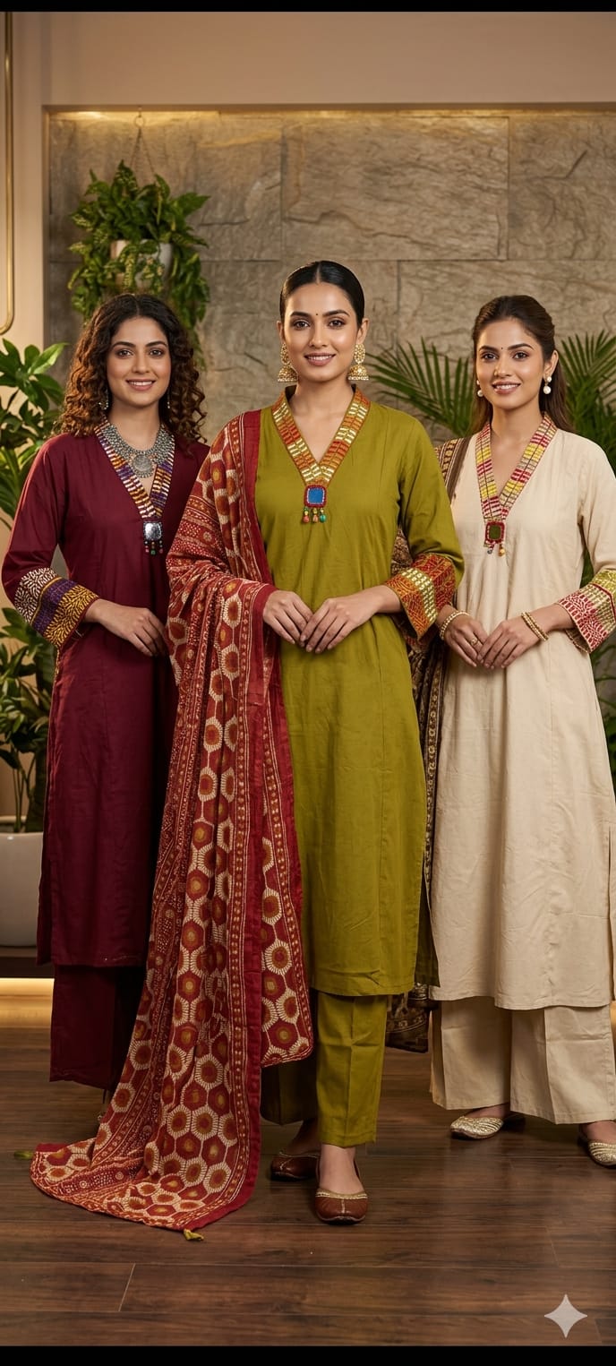 Premium Cotton Ethnic Suit Set with Ajrakh Printed Dupatta & Statement Neck Detailing 13915 RB38