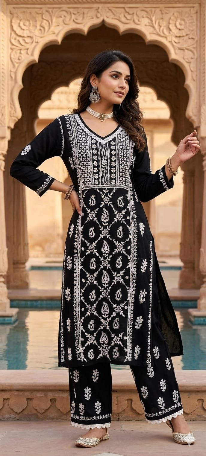 Beautiful Muslin Fabric without Lining  Lucknowi style kurta pant set with Intricate White Thread Embroidery -13947