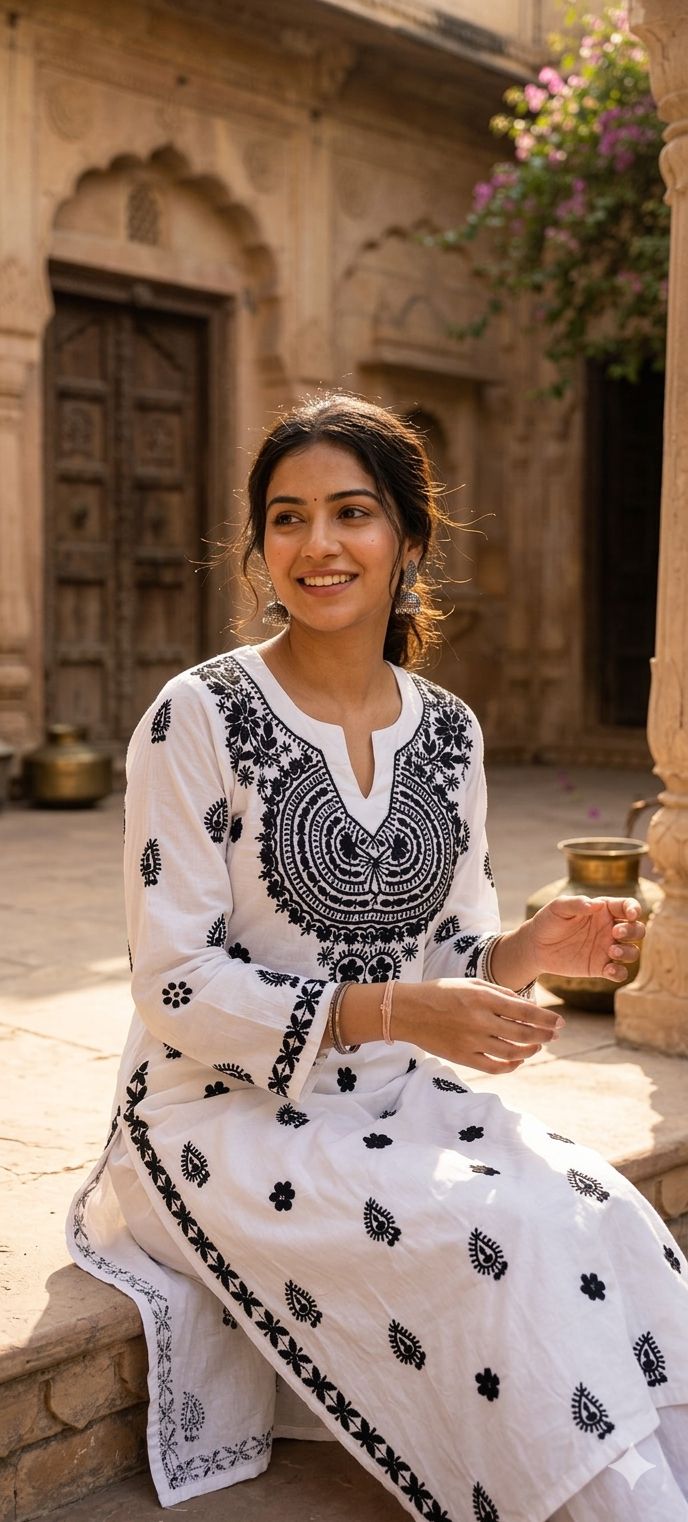 Elegant Mul Cotton Lucknowi Chikankari Style Embroidered Kurti with Intricate Thread Work 13948