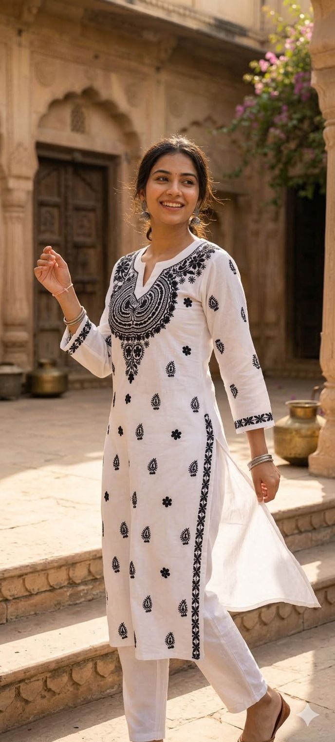Elegant Mul Cotton Lucknowi Chikankari Style Embroidered Kurti with Intricate Thread Work 13948