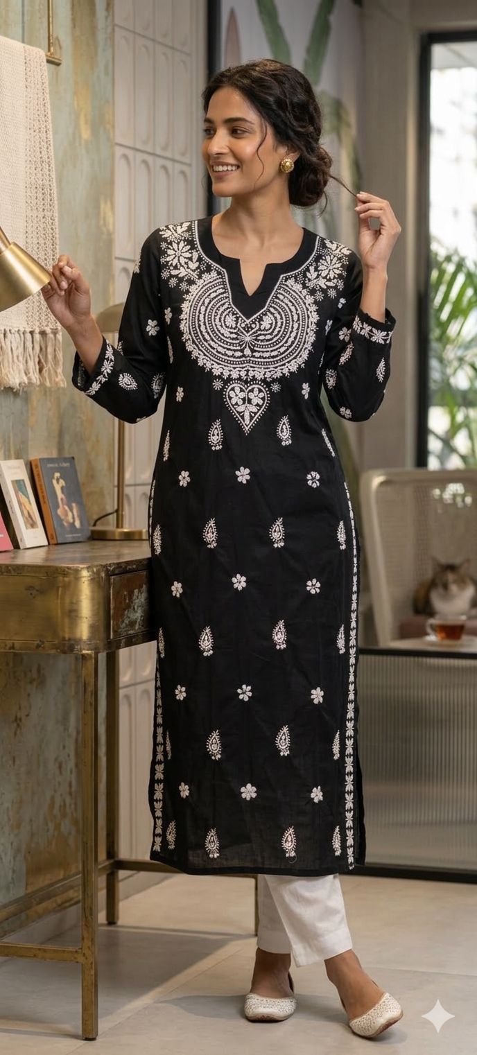 Elegant Mul Cotton Lucknowi Chikankari Style Embroidered Kurti with Intricate Thread Work 13948