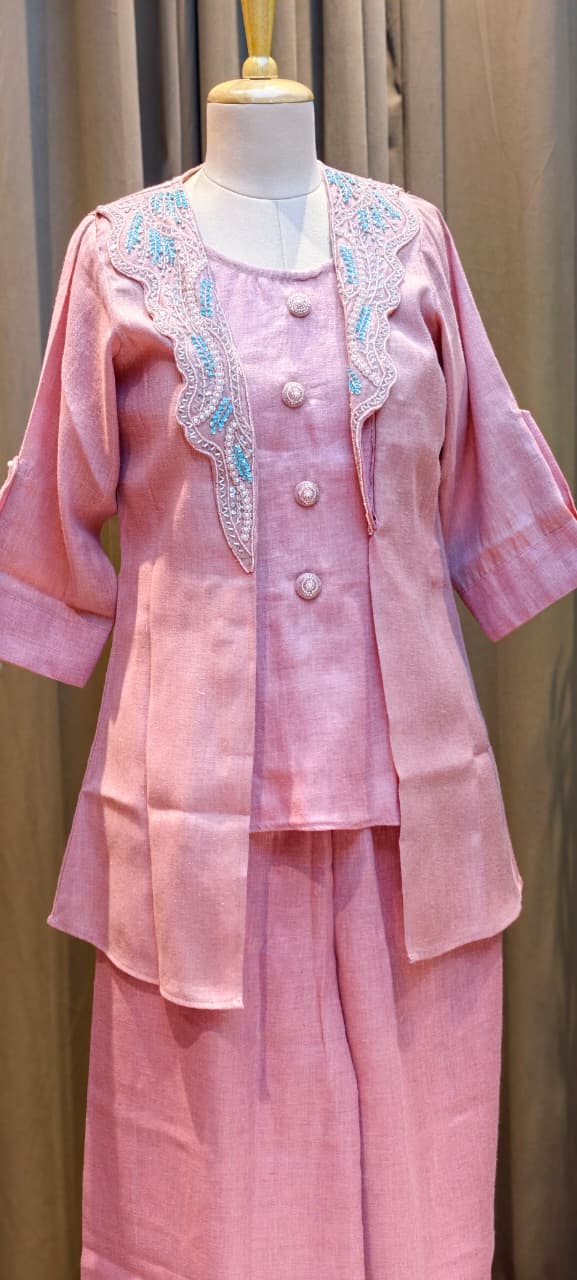 Elegant light Rust linen Jute Co-Ord Set with Hand Embroidered Jacket Kurta &  Pants13924
