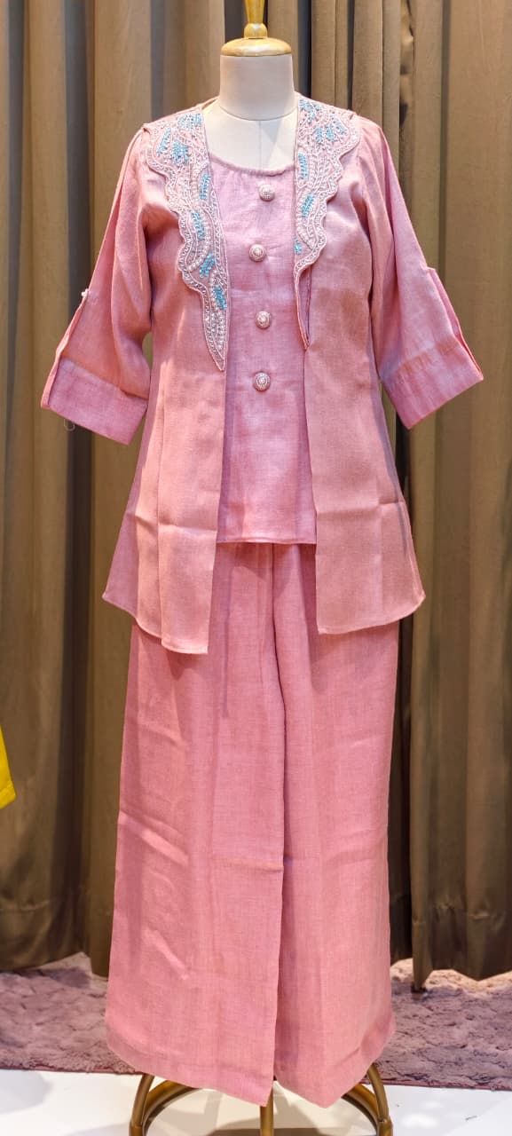 Elegant light Rust linen Jute Co-Ord Set with Hand Embroidered Jacket Kurta &  Pants13924