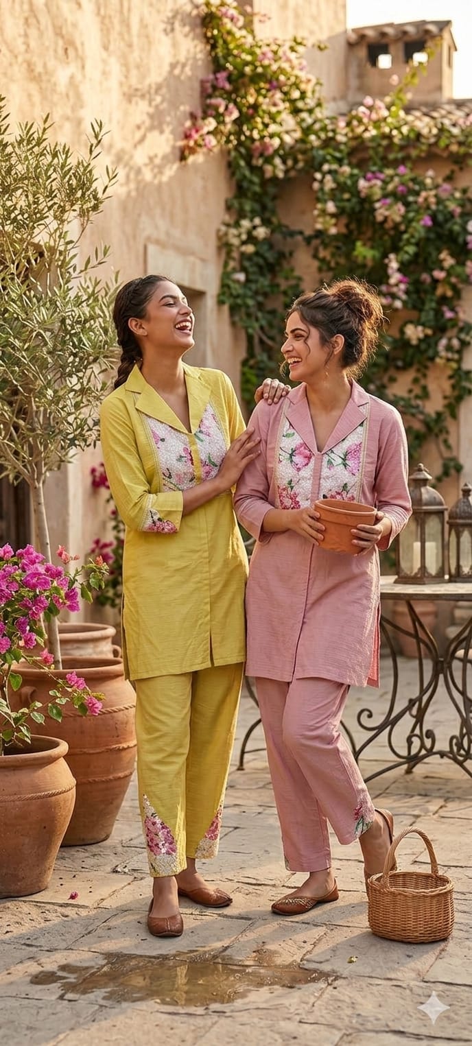 Beautiful Premium Cotton kurta pant set floral printed and embellished front panel-13932