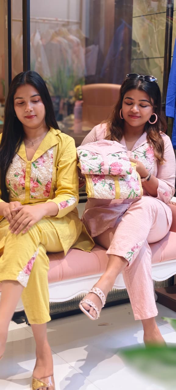 Beautiful Premium Cotton kurta pant set floral printed and embellished front panel-13932