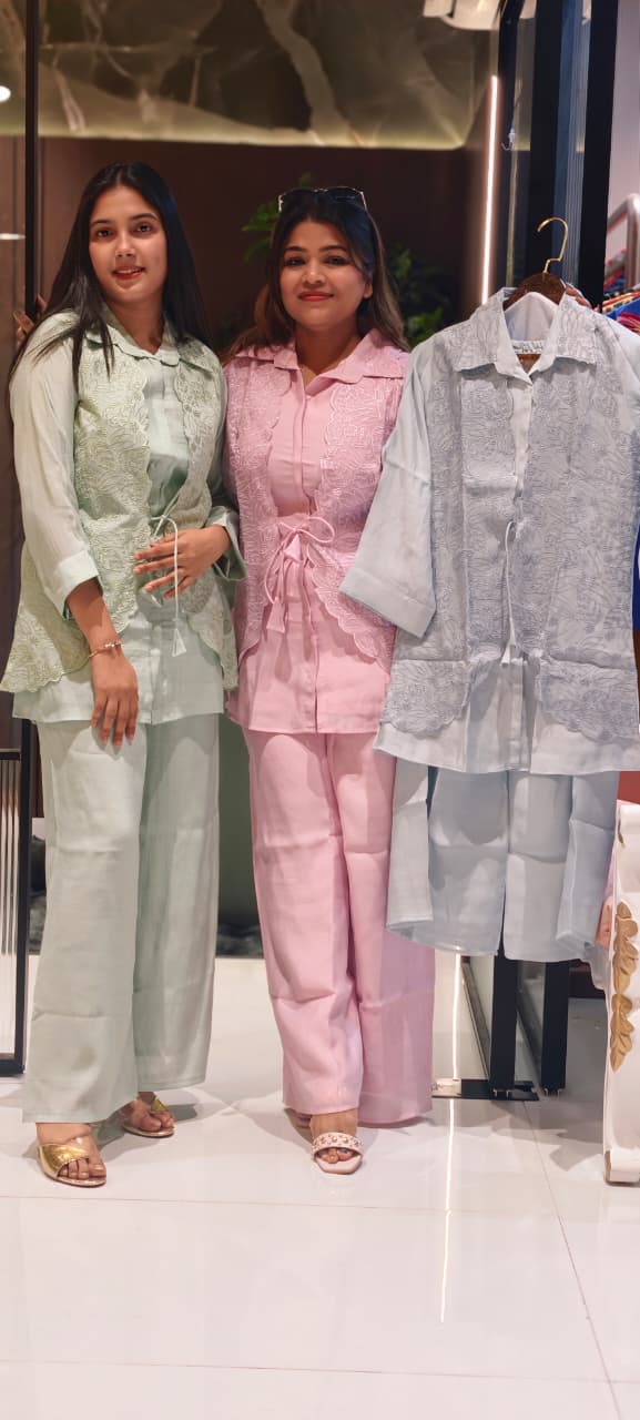 Pastel Surat Mul Chanderi Kurta Set with Statement Embroidered Attached Jacket-13904