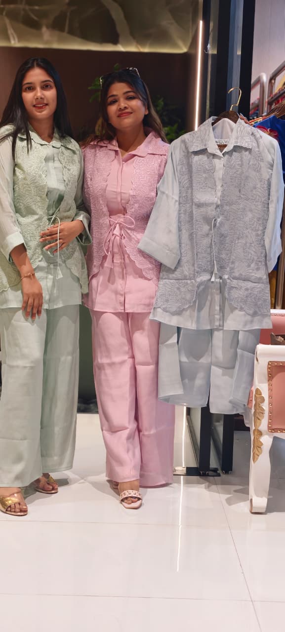 Pastel Surat Mul Chanderi Kurta Set with Statement Embroidered Attached Jacket-13904