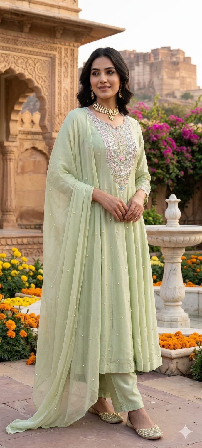 Beautiful Chinon Anarkali with Embroidered Full Suit Set-13886