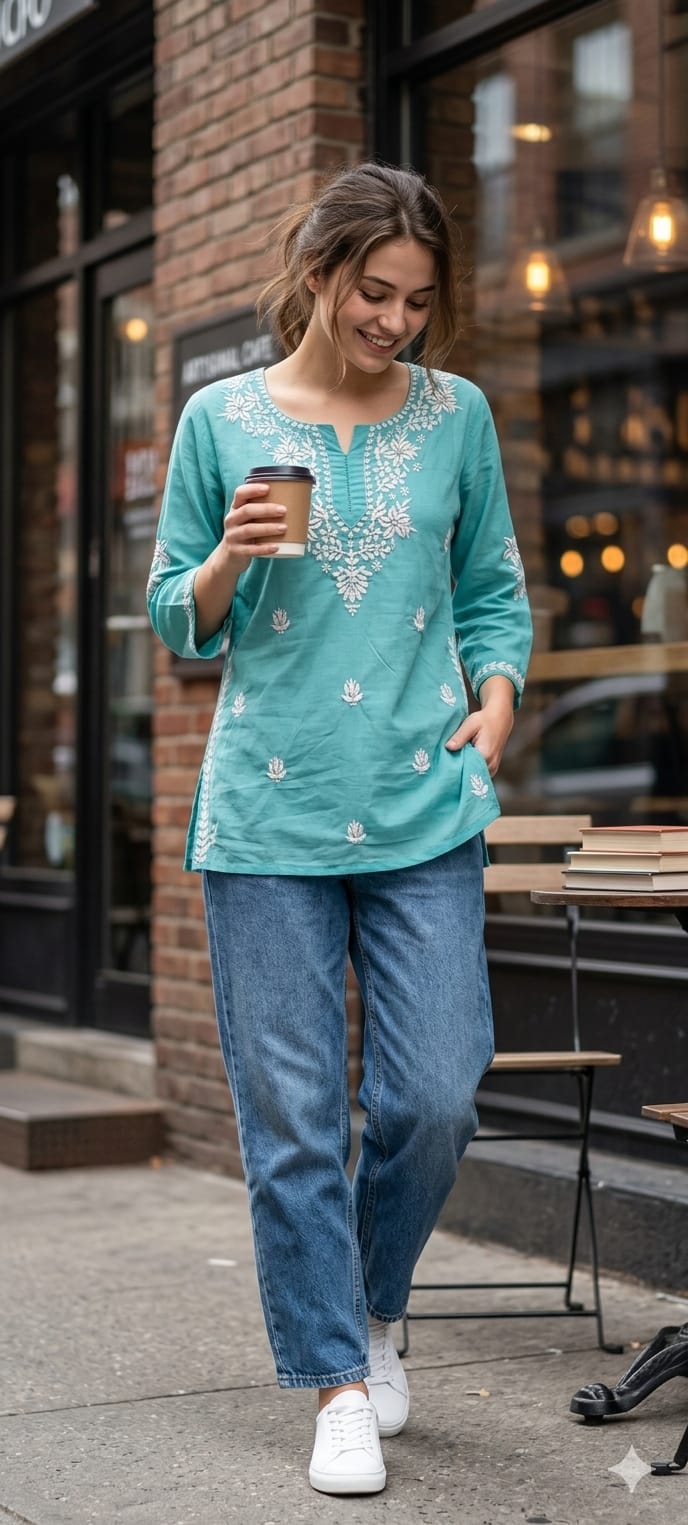 Floral Embroidered Round Neck Mul Cotton Short Kurti Top-13945