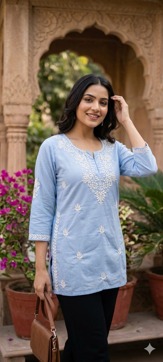 Floral Embroidered Round Neck Mul Cotton Short Kurti Top-13945 RB309