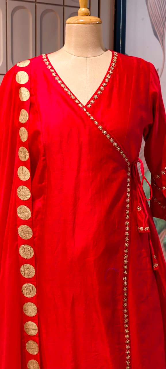 Radiant Red Silk Kurta Set with Gold Foil Detailing Dupatta Angrakha pattern 11977
