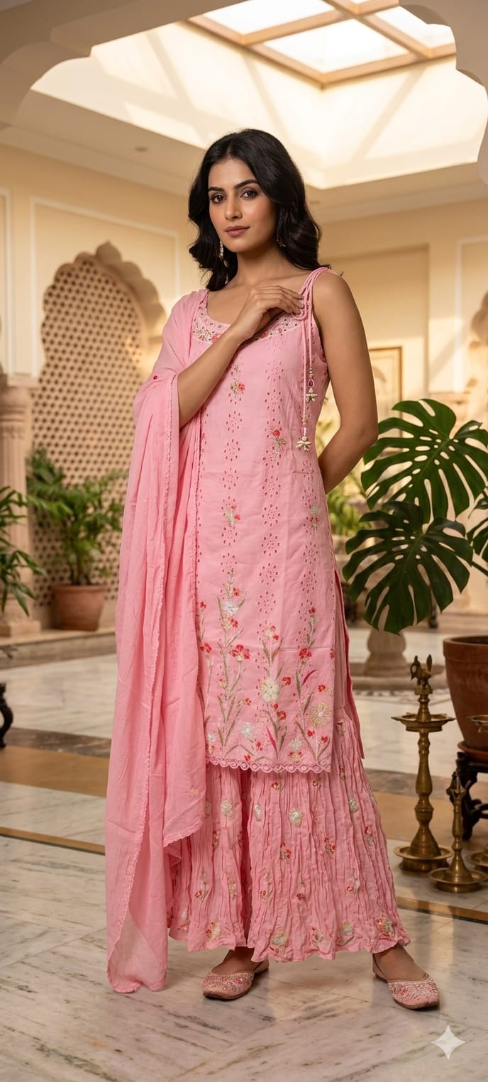 Elegant Sleeveless Noodle Strap Kurti with Skirt Set – Floral Embroidered Designer Suit 13959 RB14