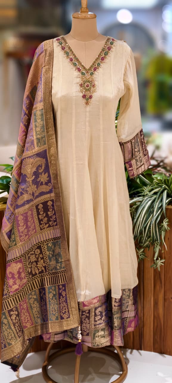 Anarkali Elegant Ivory Chanderi Kurta Set with Banarasi Dupatta