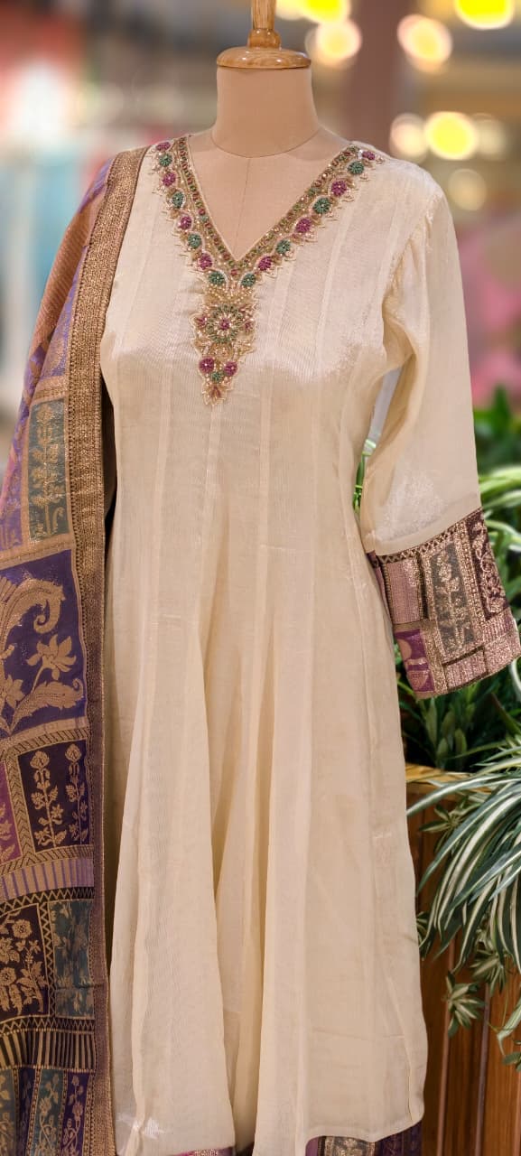 Anarkali Elegant Ivory Chanderi Kurta Set with Banarasi Dupatta