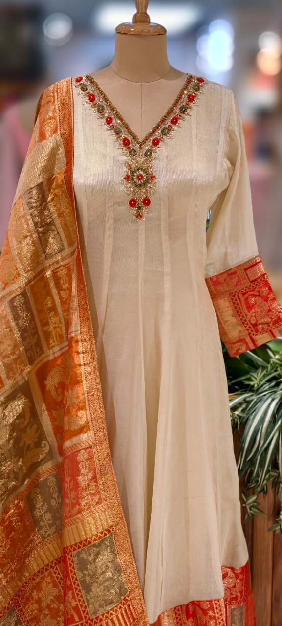 Anarkali Elegant Ivory Chanderi Kurta Set with Banarasi Dupatta