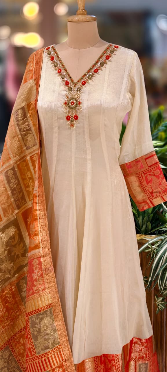 Anarkali Elegant Ivory Chanderi Kurta Set with Banarasi Dupatta