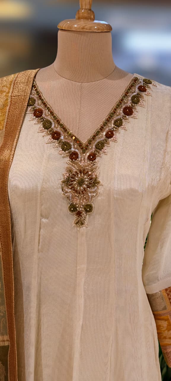 Anarkali Elegant Ivory Chanderi Kurta Set with Banarasi Dupatta