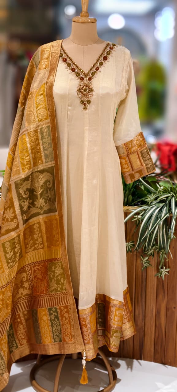 Anarkali Elegant Ivory Chanderi Kurta Set with Banarasi Dupatta