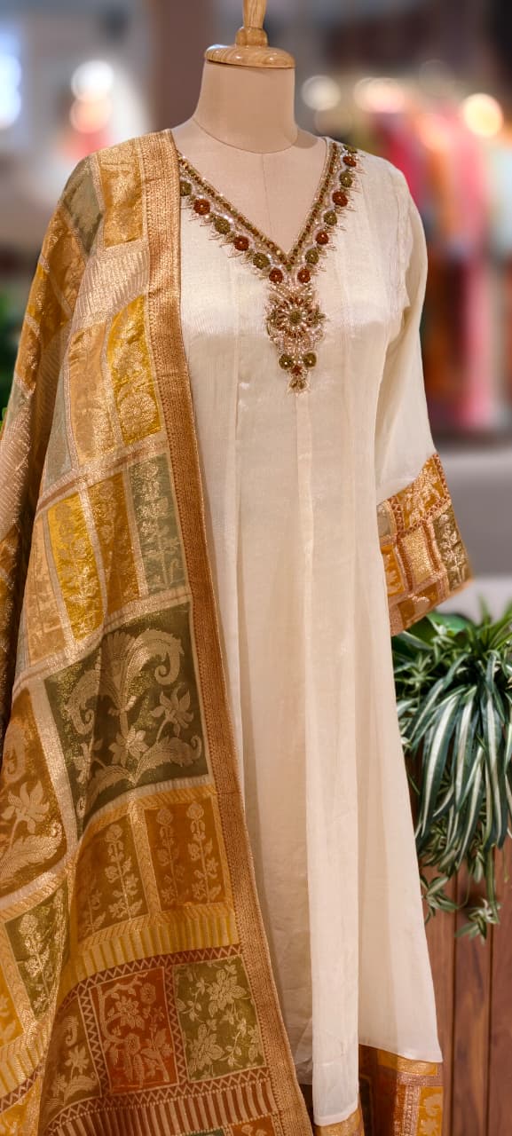 Anarkali Elegant Ivory Chanderi Kurta Set with Banarasi Dupatta