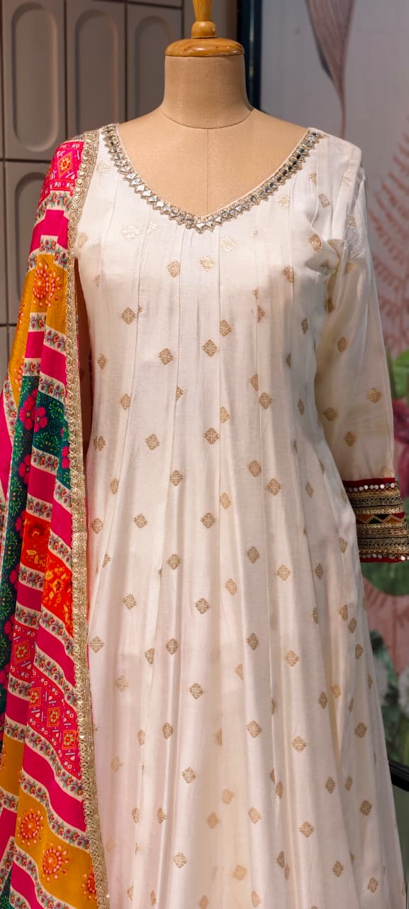 Graceful Ivory Anarkali Kurta Set with Multicolor Bandhani Dupatta Loose Bottom -11350