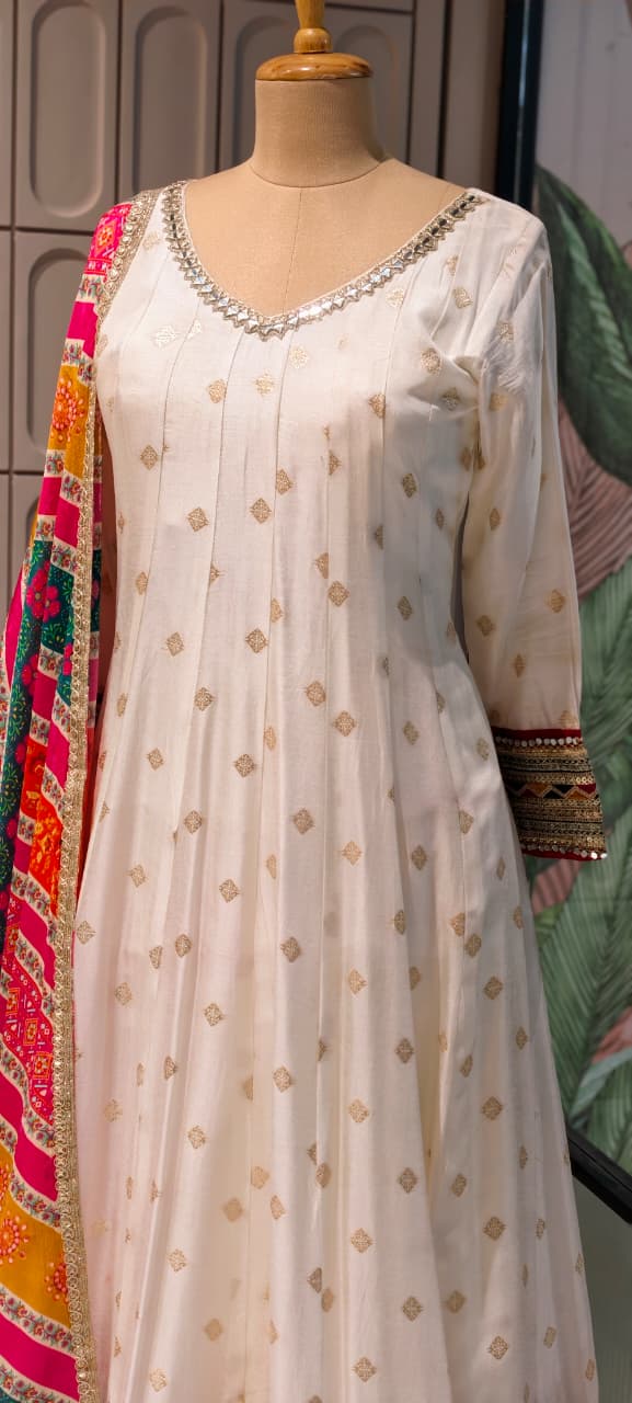 Graceful Ivory Anarkali Kurta Set with Multicolor Bandhani Dupatta Loose Bottom -11350