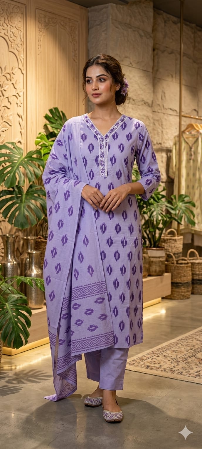 Soft Breathable Ethnic Suit with Ikat Inspired Motifs for Summer Special Cotton Full Suit Set 13965-RB15