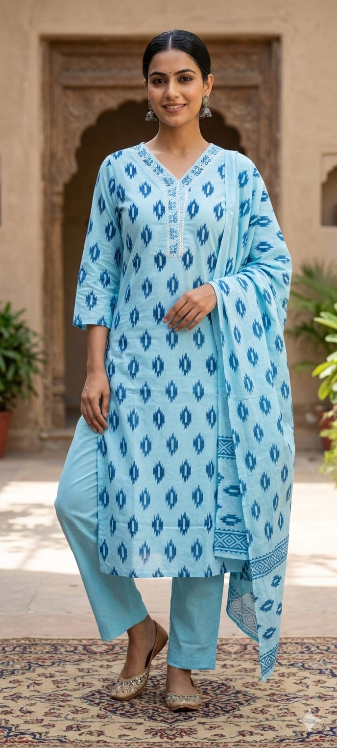 Soft Breathable Ethnic Suit with Ikat Inspired Motifs for Summer Special Cotton Full Suit Set 13965-RB15