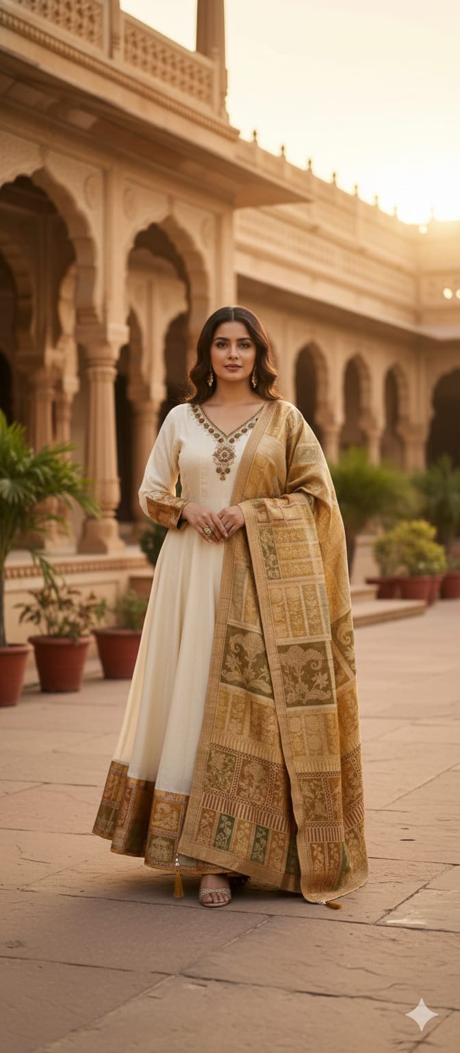 Anarkali Elegant Ivory Chanderi Kurta Set with Banarasi Dupatta