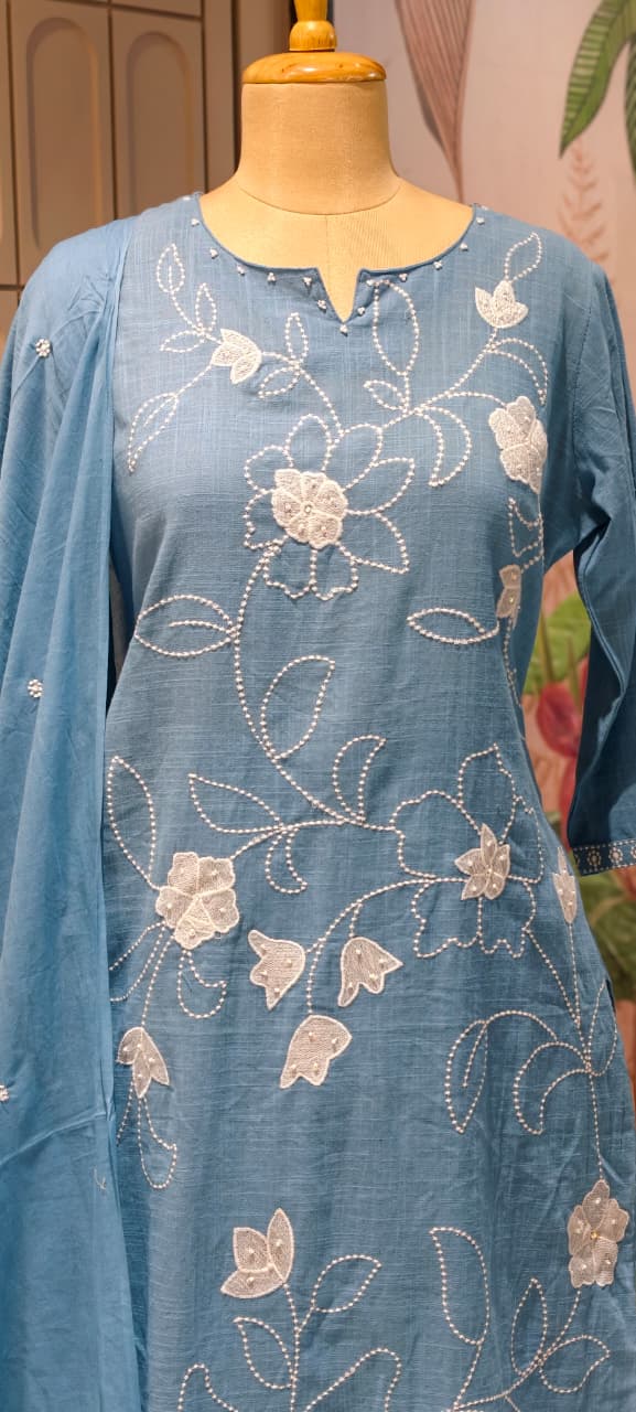 Delicate white floral Premium Hand-Embroidered Cotton Kurta Set with Scalloped Neckline-13940