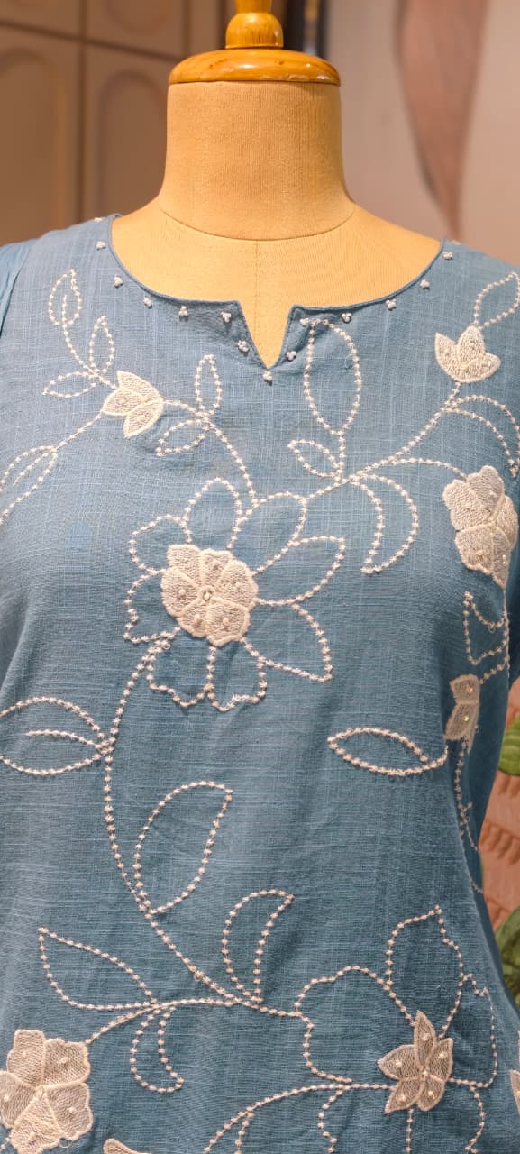 Delicate white floral Premium Hand-Embroidered Cotton Kurta Set with Scalloped Neckline-13940