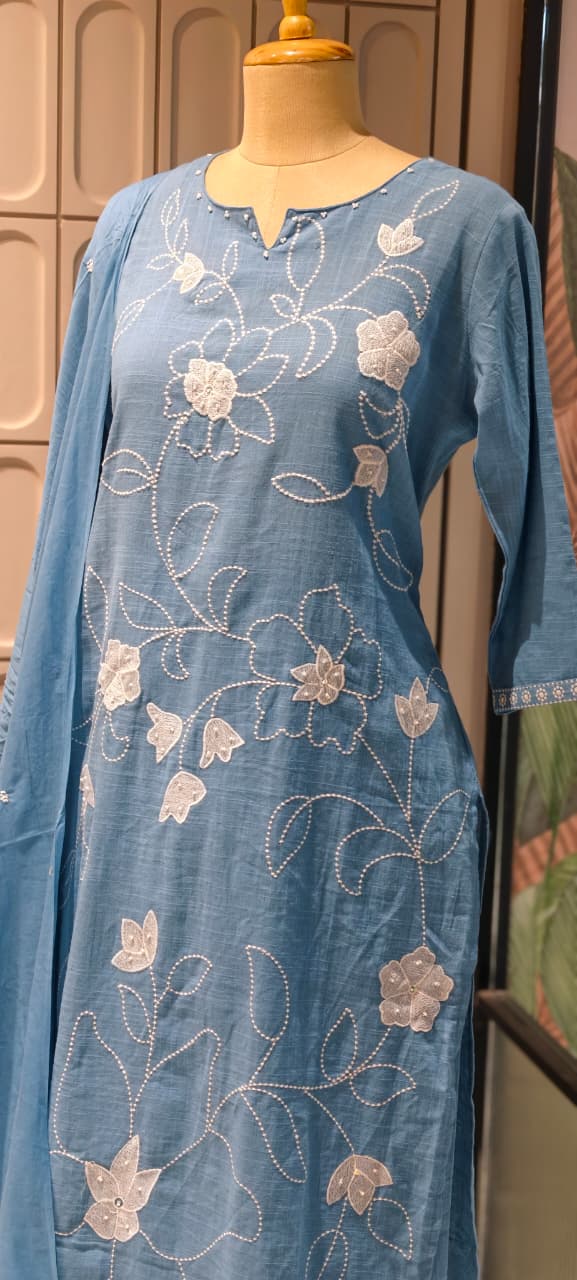 Delicate white floral Premium Hand-Embroidered Cotton Kurta Set with Scalloped Neckline-13940