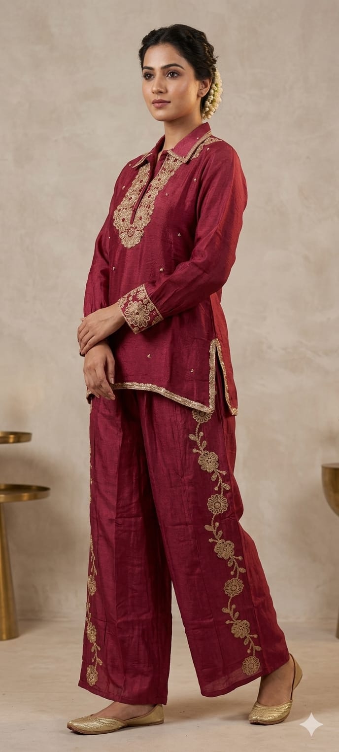 Designer Shirt Style Kurta Luxury Chinon Fabric Co-Ord Set with Intricate Embroidery 13996 RB07