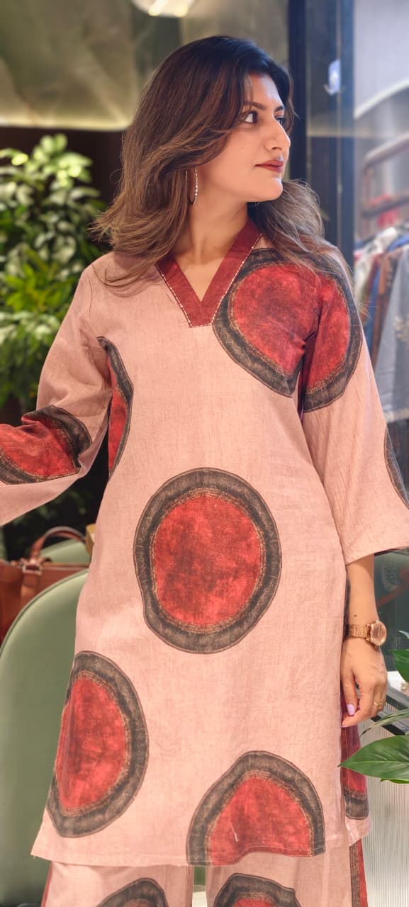 Elegant linen Cotton Printed Cord Set with Wide-Leg Pants-13871