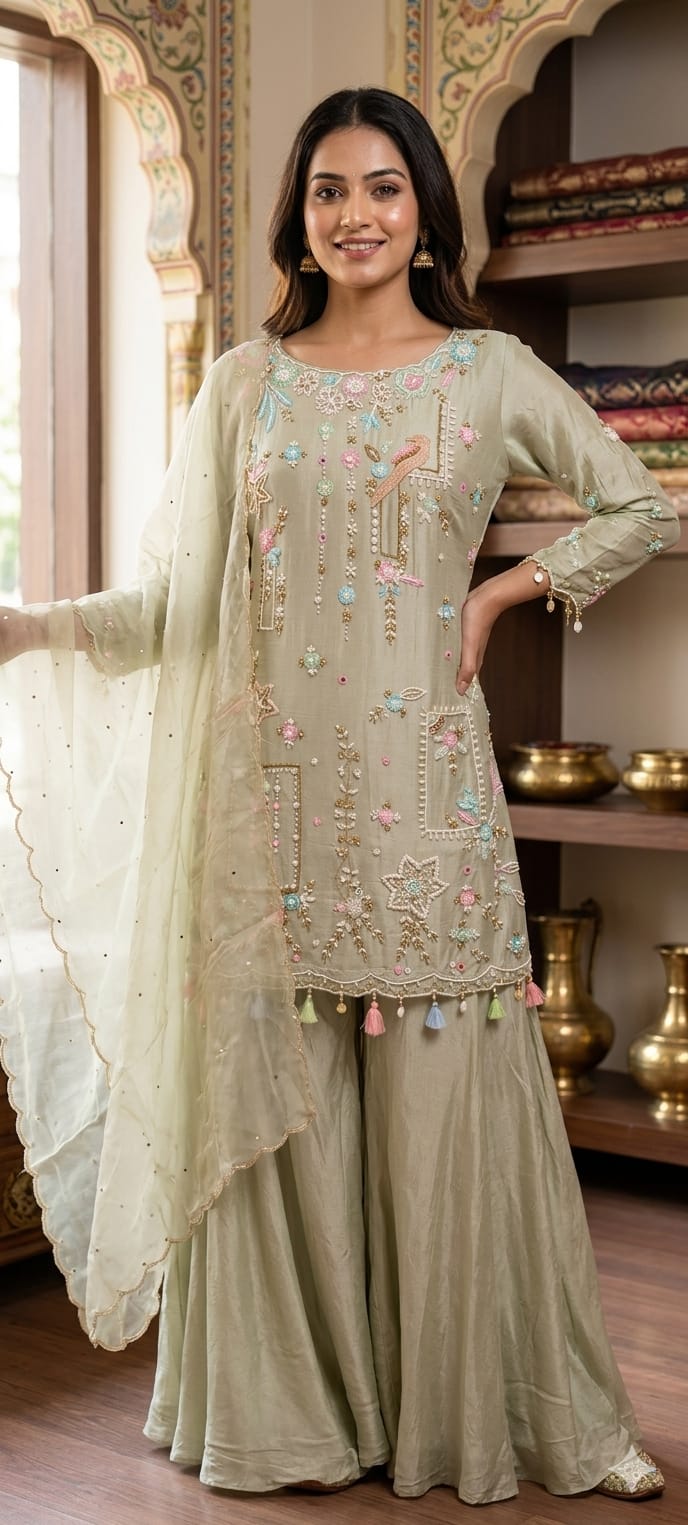 Designer Embroidered Kurti with Sharara Set & Dupatta Thread Work Ethnic Ensemble with Tassel Russian Silk Fabric-13908 RB11