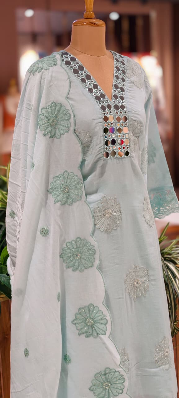 Lean Fit Summer Cotton Full Suit With Mirror Work Embroidery Mulchanderi fabric with Mulcotton Dupatta 14019 RB08