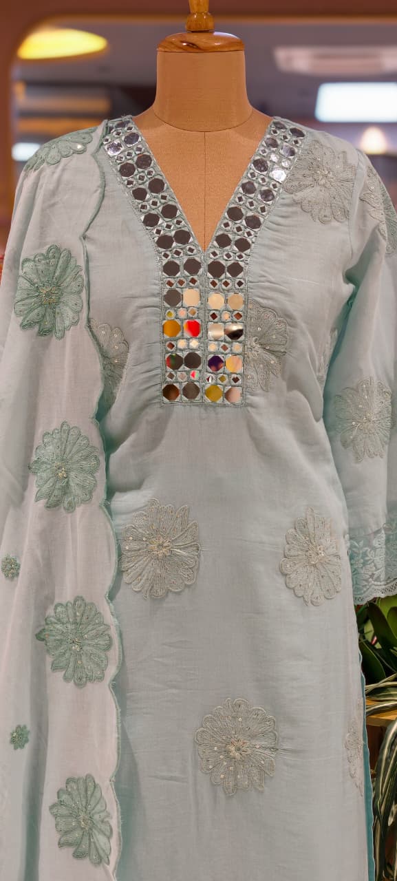 Lean Fit Summer Cotton Full Suit With Mirror Work Embroidery Mulchanderi fabric with Mulcotton Dupatta 14019 RB08