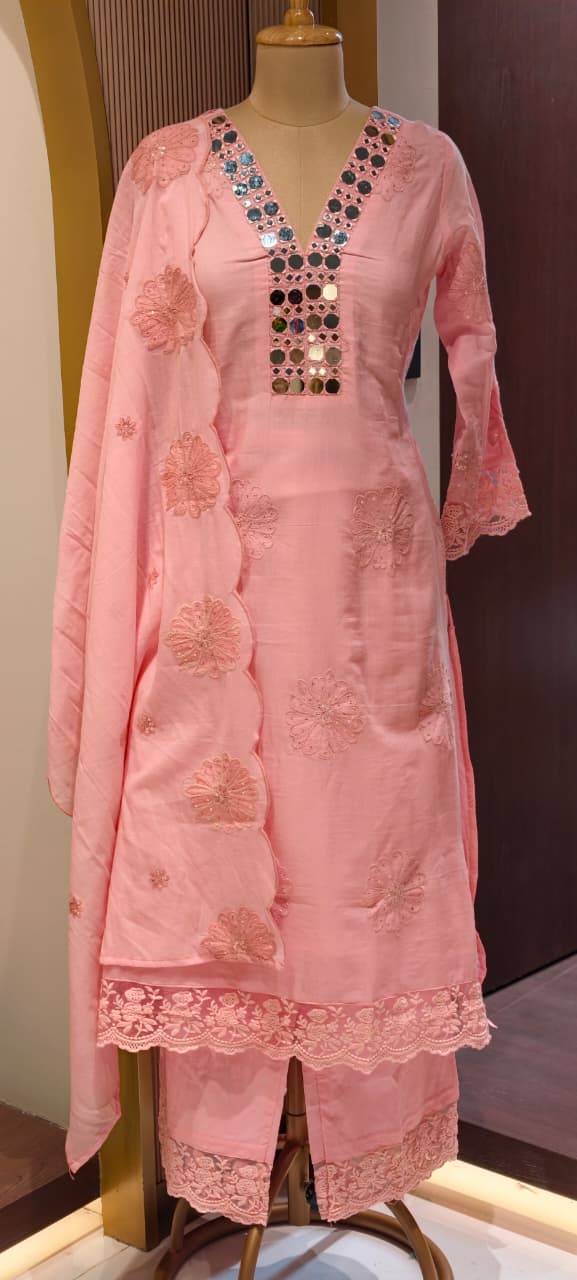 Lean Fit Summer Cotton Full Suit With Mirror Work Embroidery Mulchanderi fabric with Mulcotton Dupatta 14019 RB08