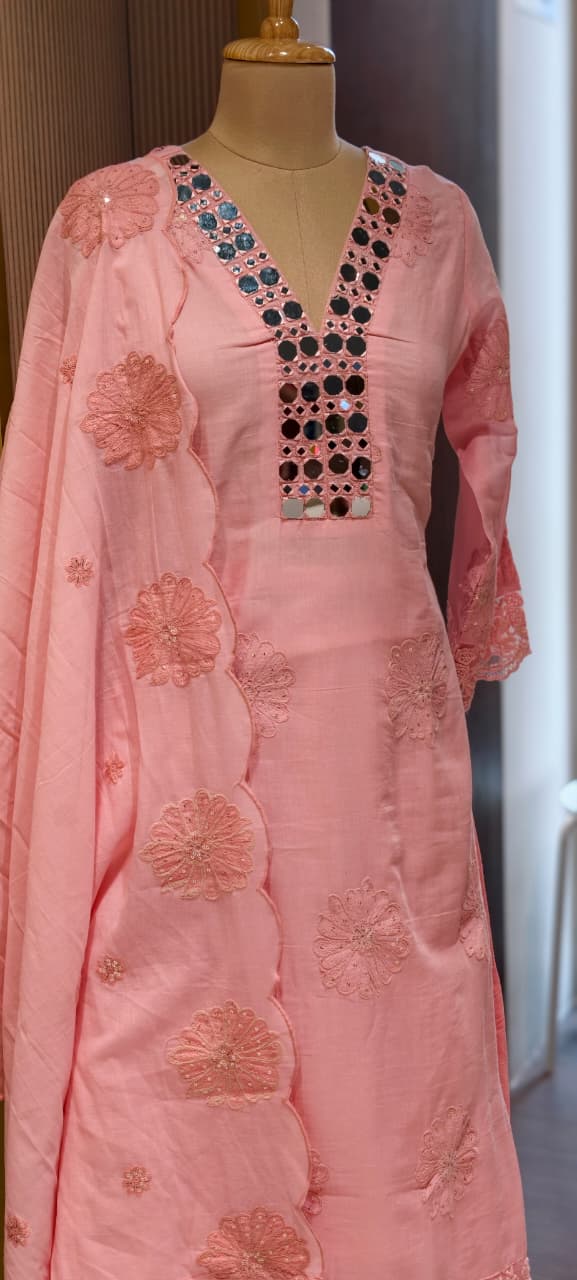 Lean Fit Summer Cotton Full Suit With Mirror Work Embroidery Mulchanderi fabric with Mulcotton Dupatta 14019 RB08
