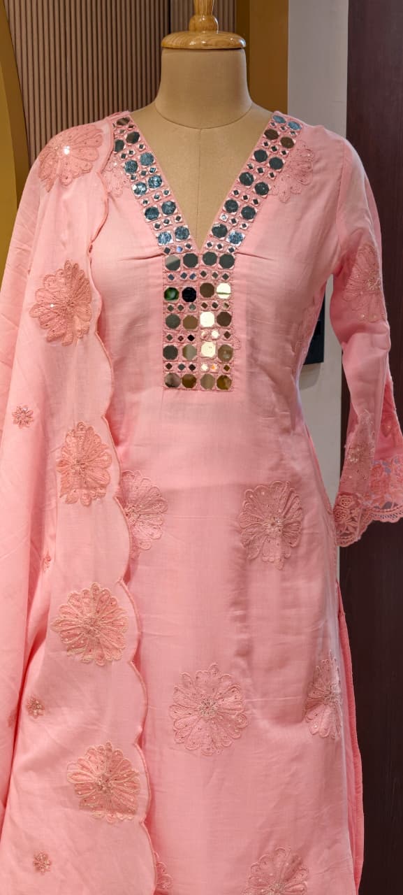 Lean Fit Summer Cotton Full Suit With Mirror Work Embroidery Mulchanderi fabric with Mulcotton Dupatta 14019 RB08