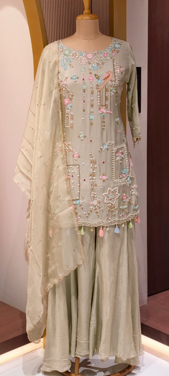 Designer Embroidered Kurti with Sharara Set & Dupatta Thread Work Ethnic Ensemble with Tassel Russian Silk Fabric-13908 RB11