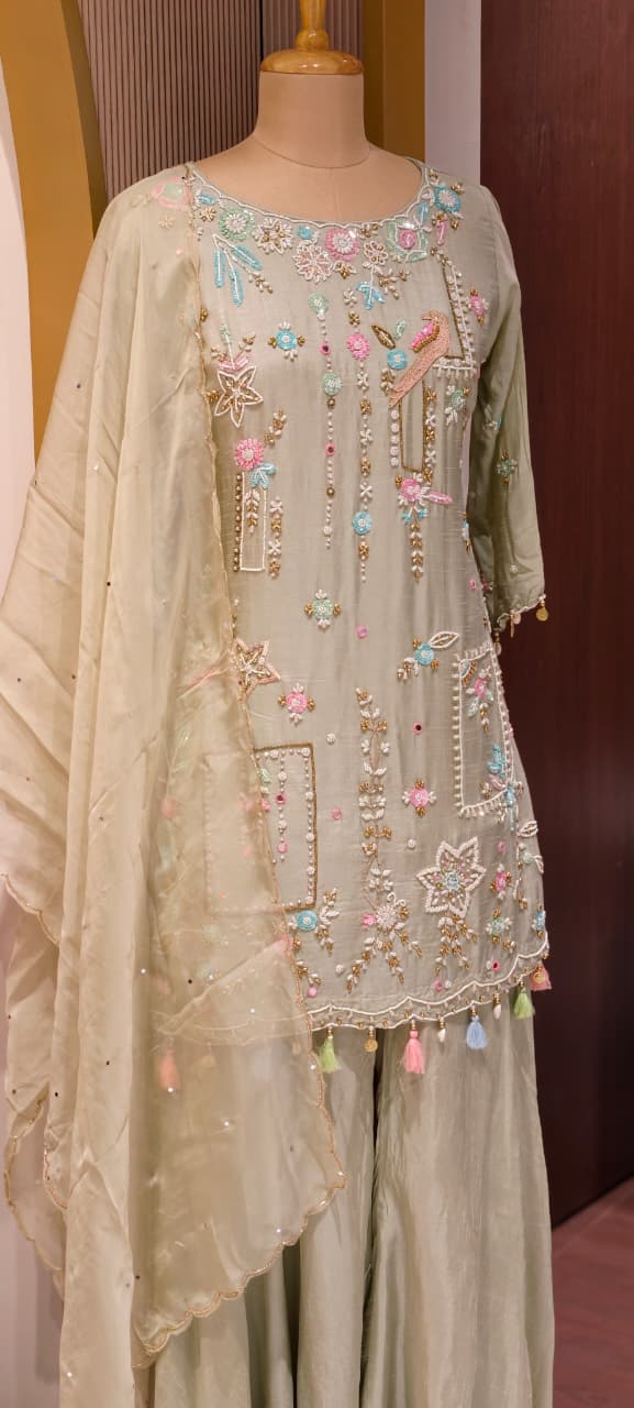 Designer Embroidered Kurti with Sharara Set & Dupatta Thread Work Ethnic Ensemble with Tassel Russian Silk Fabric-13908 RB11