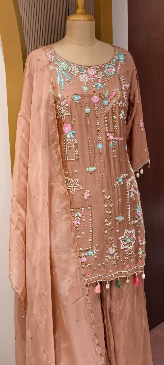 Designer Embroidered Kurti with Sharara Set & Dupatta Thread Work Ethnic Ensemble with Tassel Russian Silk Fabric-13908 RB11