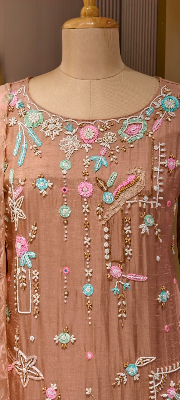 Designer Embroidered Kurti with Sharara Set & Dupatta Thread Work Ethnic Ensemble with Tassel Russian Silk Fabric-13908 RB11