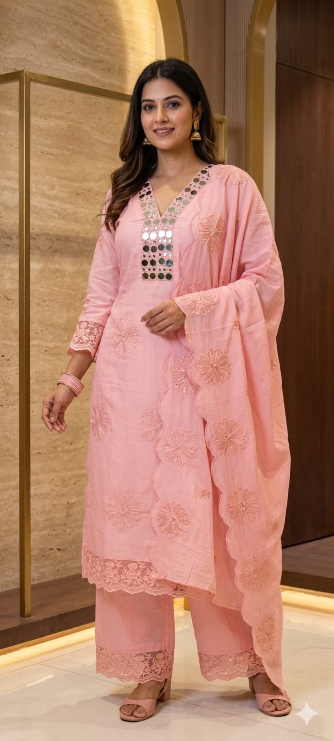 Lean Fit Summer Cotton Full Suit With Mirror Work Embroidery Mulchanderi fabric with Mulcotton Dupatta 14019 RB08