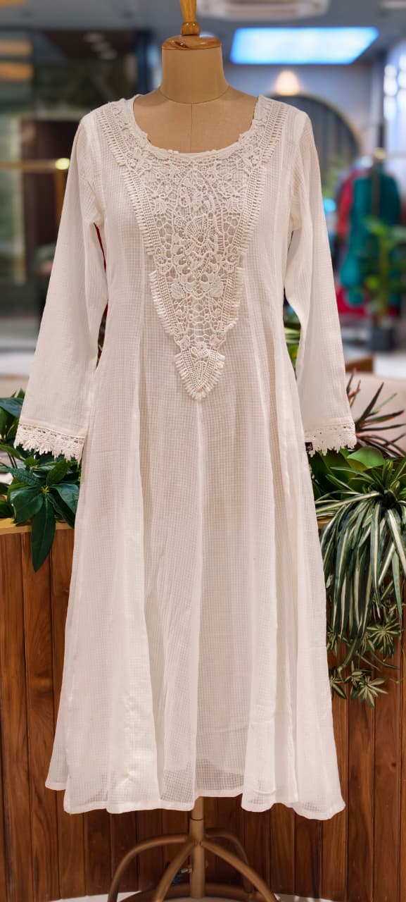 Graceful Checks Cotton Flared Gown with Lace Neck Detailing Soft Pastel Summer Collection 13984 RB04