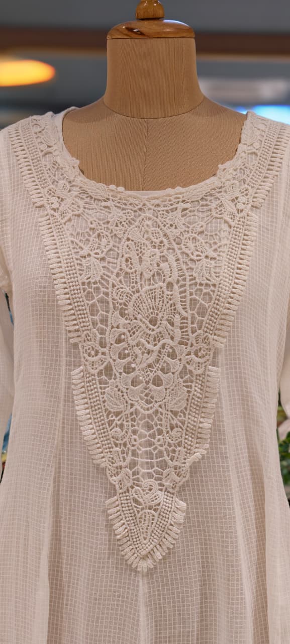 Graceful Checks Cotton Flared Gown with Lace Neck Detailing Soft Pastel Summer Collection 13984 RB04