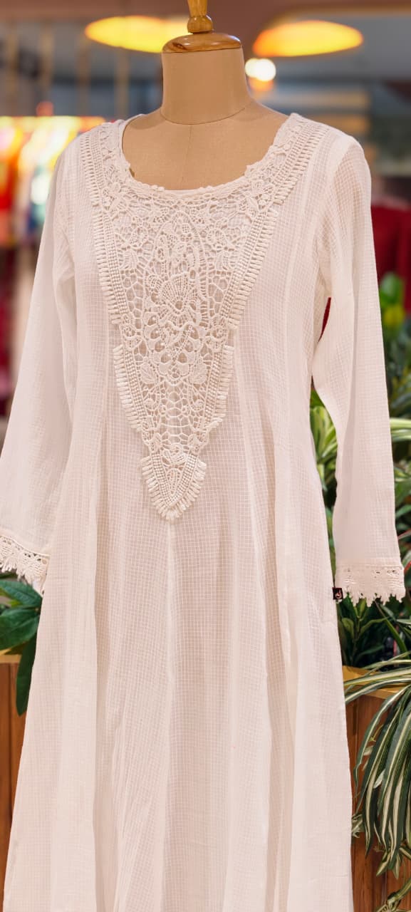 Graceful Checks Cotton Flared Gown with Lace Neck Detailing Soft Pastel Summer Collection 13984 RB04