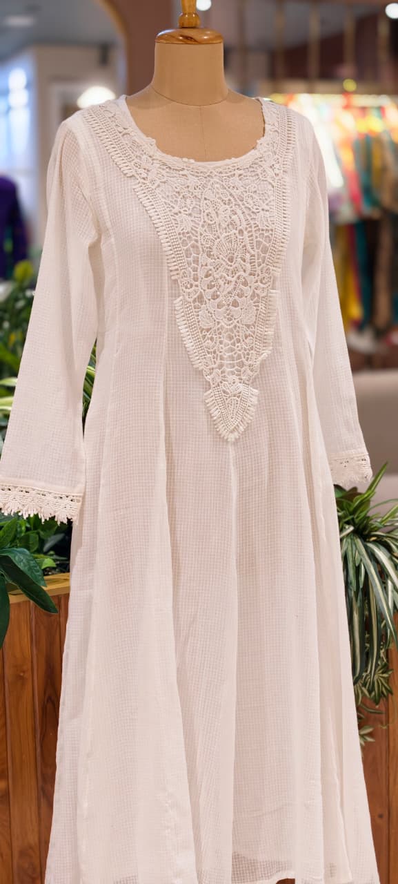 Graceful Checks Cotton Flared Gown with Lace Neck Detailing Soft Pastel Summer Collection 13984 RB04