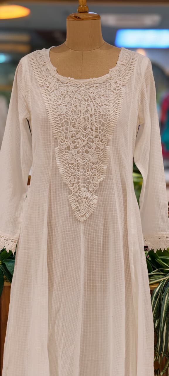 Graceful Checks Cotton Flared Gown with Lace Neck Detailing Soft Pastel Summer Collection 13984 RB04